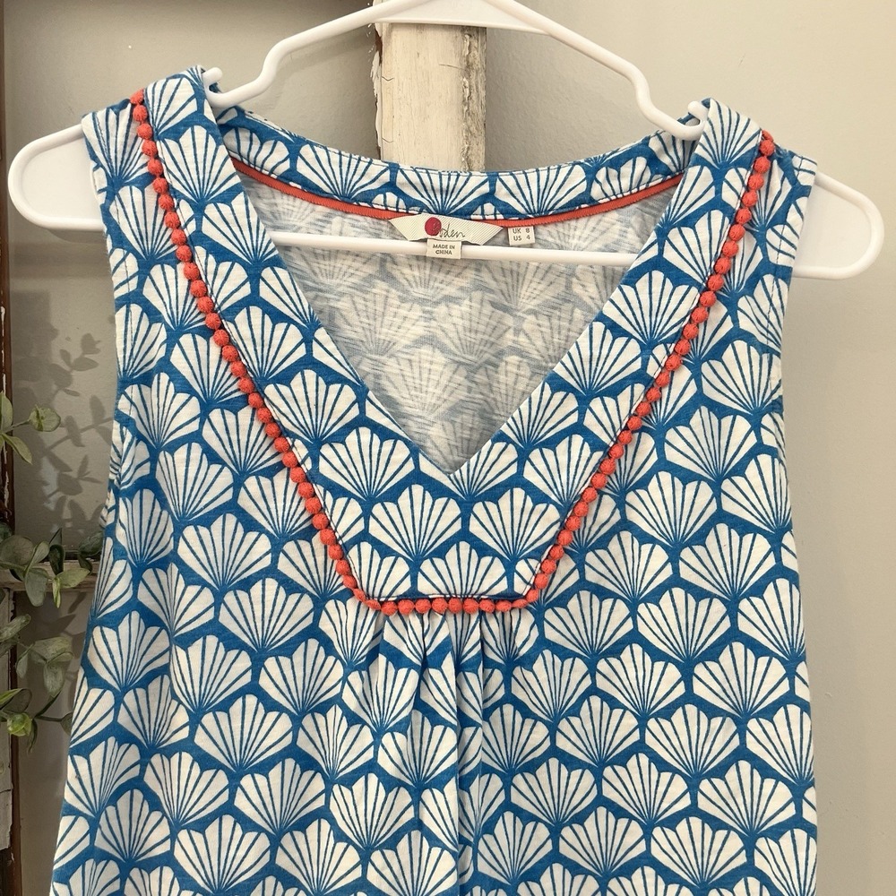 Boden Tarifa Jersey Sleeveless Top Blue White Seashell Print Coral Trim Sz 4 - Picture 4 of 6